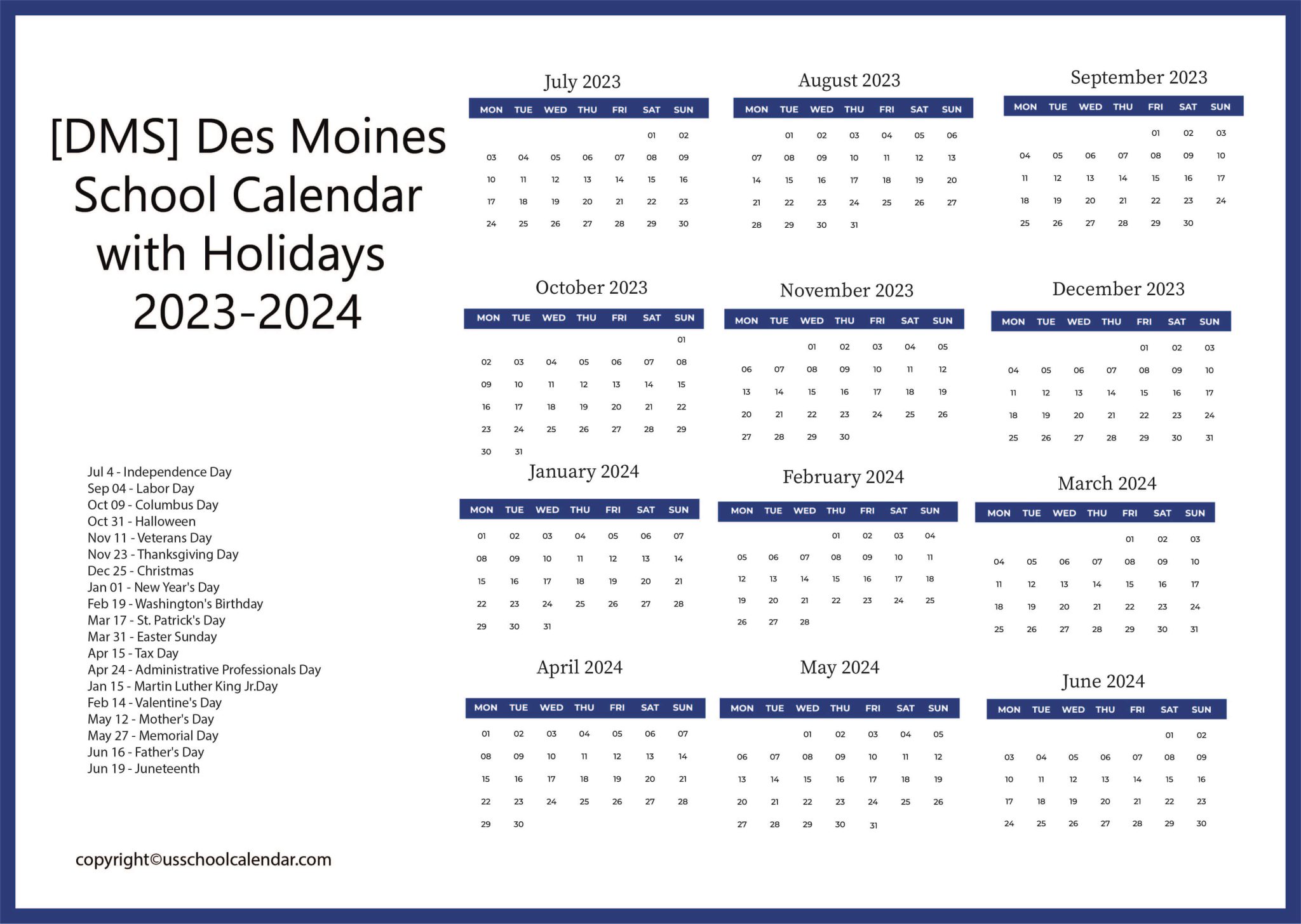 DMS Des Moines School Calendar with Holidays 2023 2024