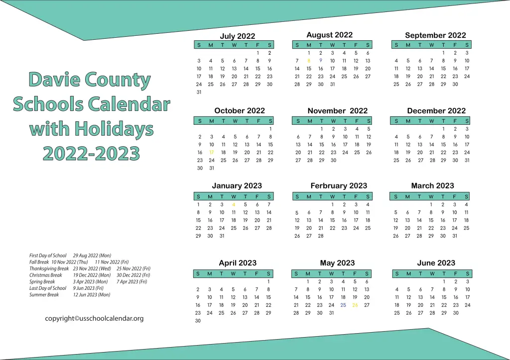 Davie County Schools Calendar with Holidays 2022-2023 2