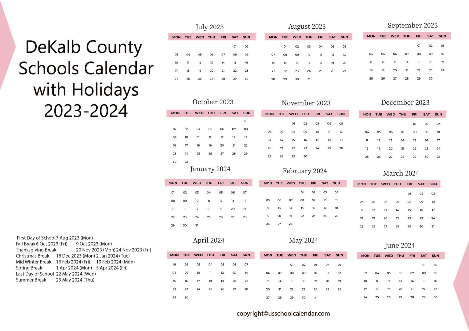 DeKalb County Schools Calendar with Holidays 20232024