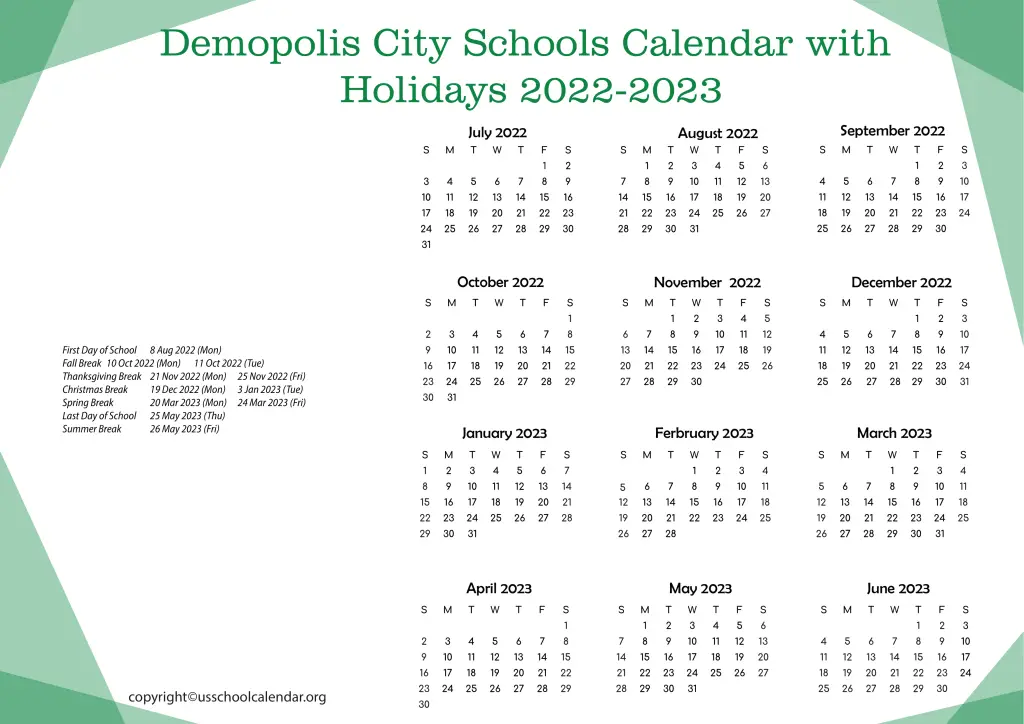Demopolis City Schools Calendar with Holidays 2022-2023