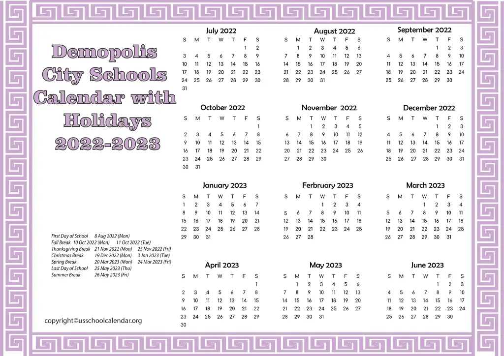 Demopolis City Schools Calendar with Holidays 2022-2023 2