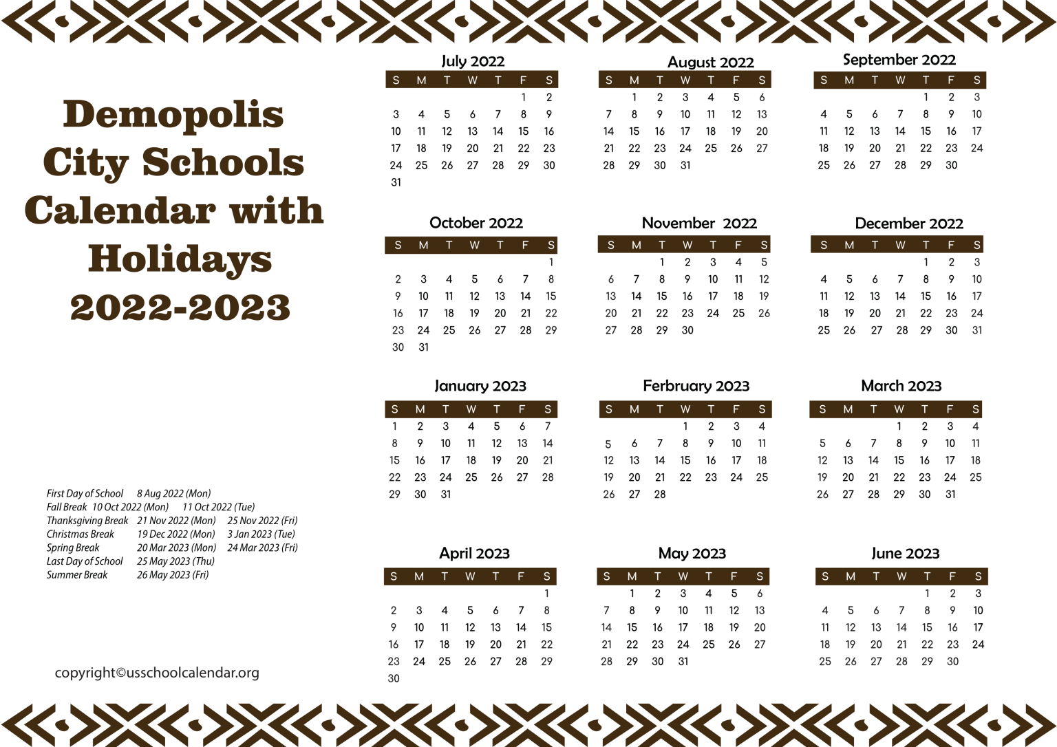 Demopolis City Schools Calendar with Holidays 2022-2023