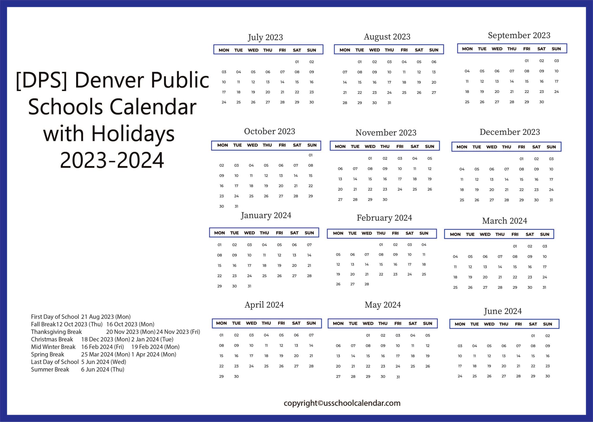 [DPS] Denver Public Schools Calendar with Holidays 20232024
