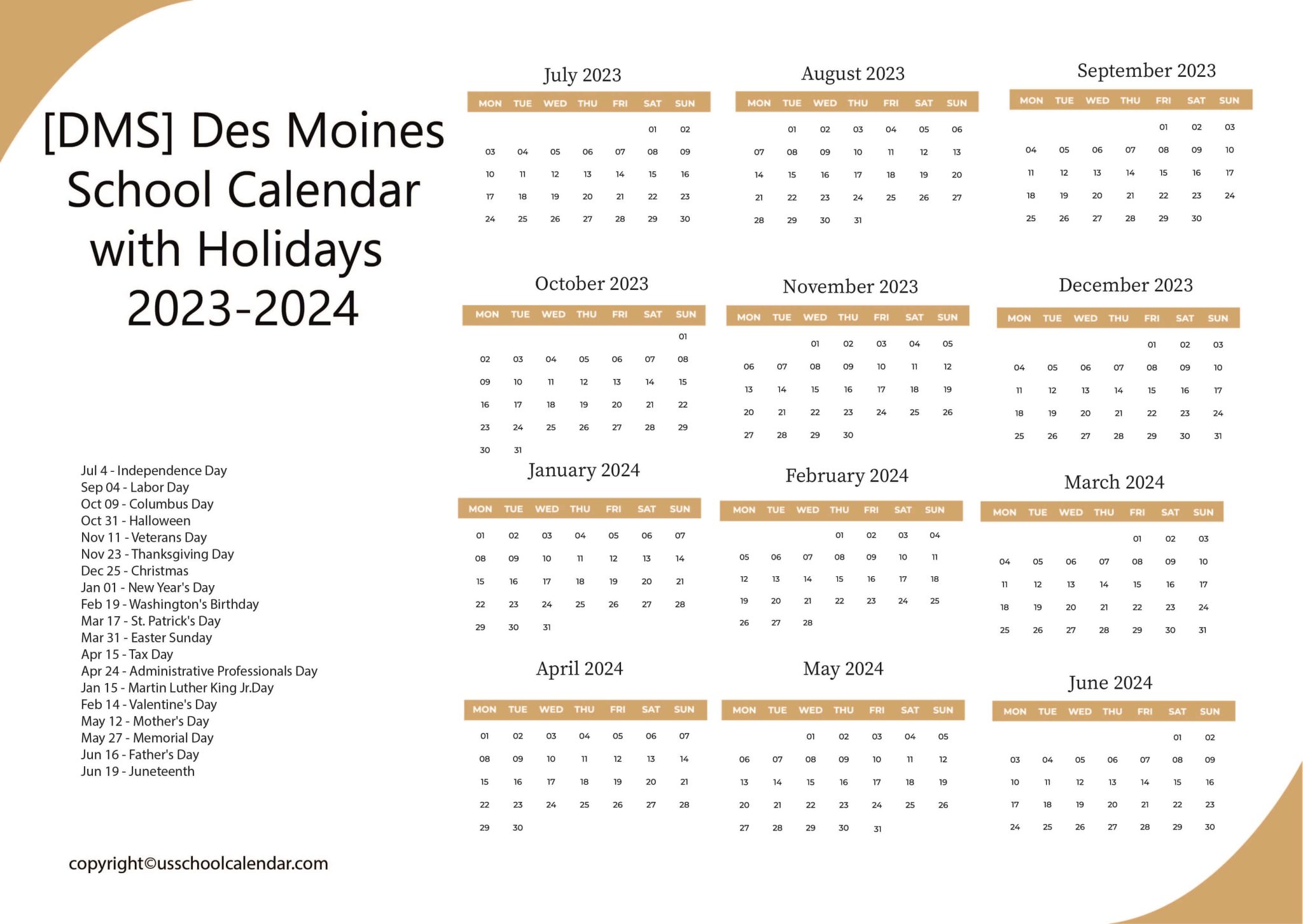 [DMS] Des Moines School Calendar with Holidays 20232024