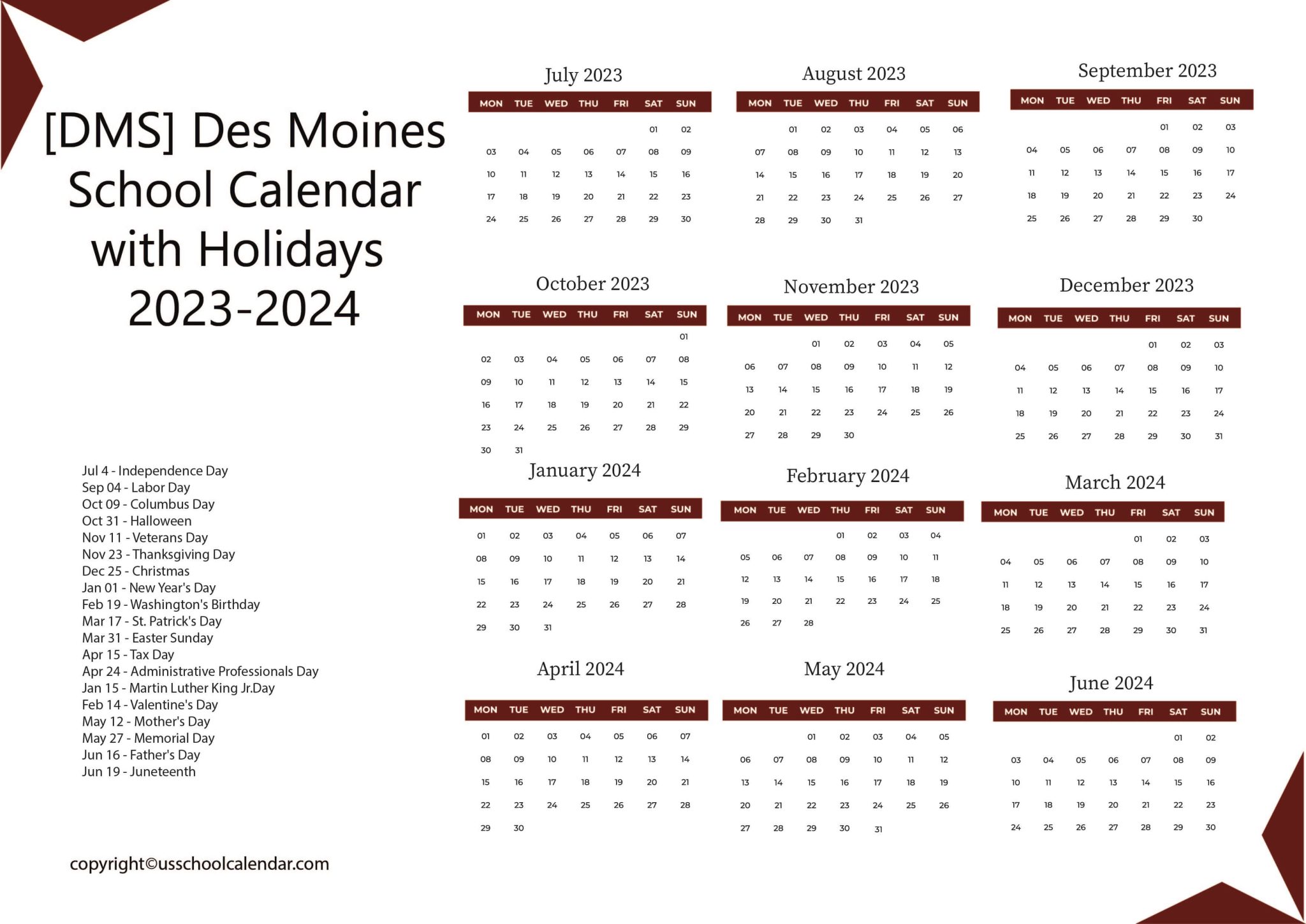 [DMS] Des Moines School Calendar with Holidays 20232024