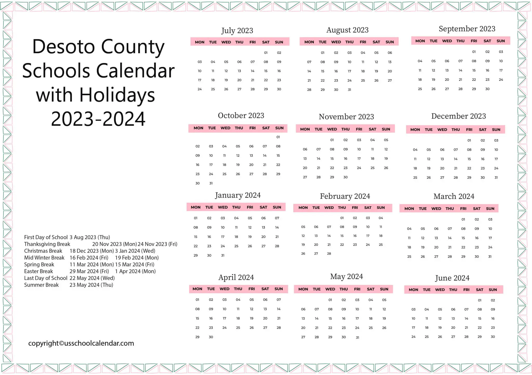 Desoto County Schools Calendar with Holidays 20232024