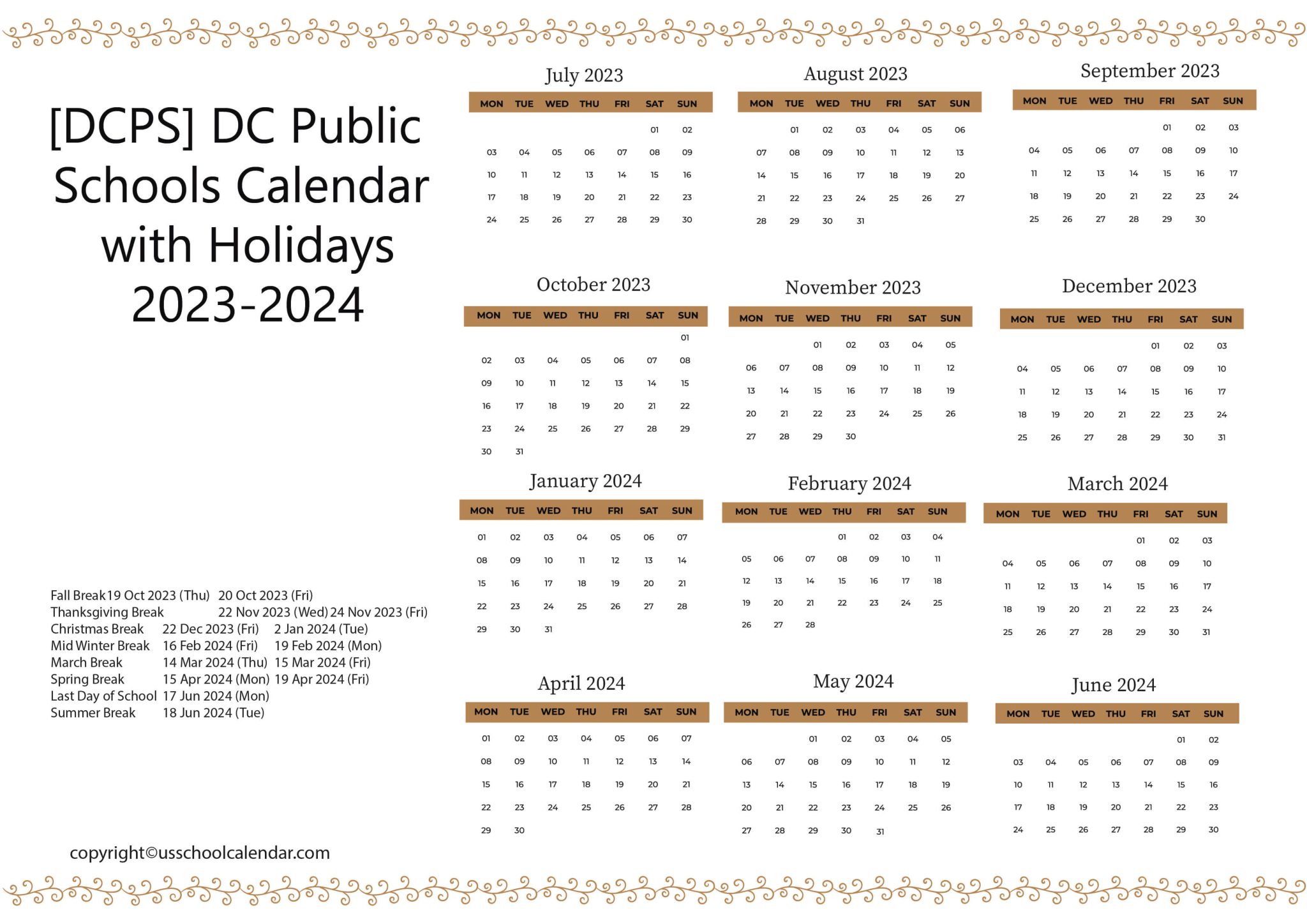 [DCPS] DC Public Schools Calendar with Holidays 20232024