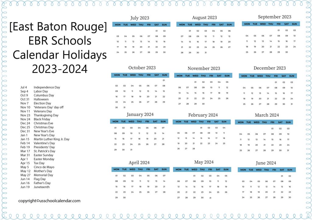 EBR Parish School System Holiday Calendar