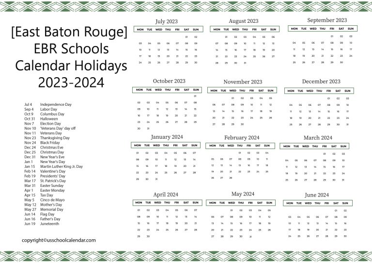 [East Baton Rouge] EBR Schools Calendar Holidays 20232024