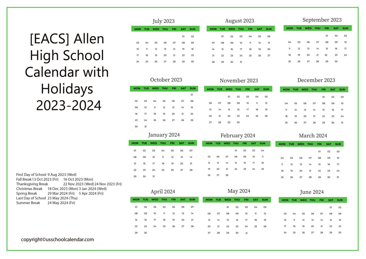 EACS Allen High School Calendar with Holidays 2023 2024