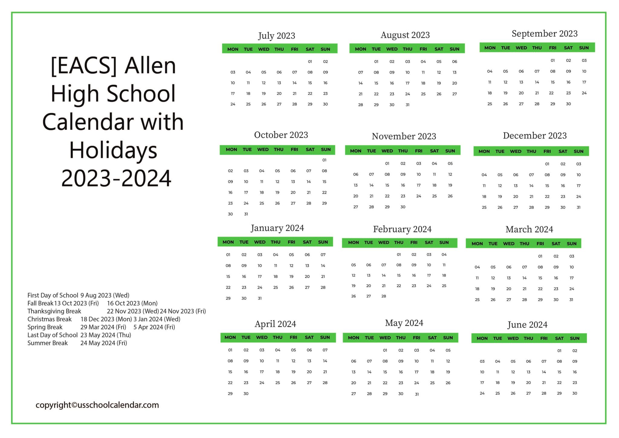 [EACS] Allen High School Calendar with Holidays 20232024