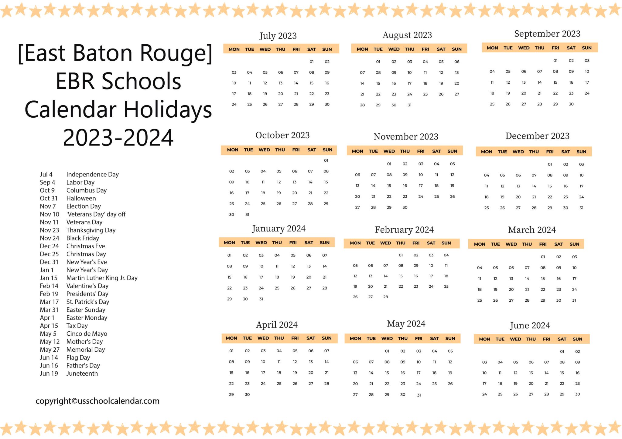 [East Baton Rouge] EBR Schools Calendar Holidays 20232024