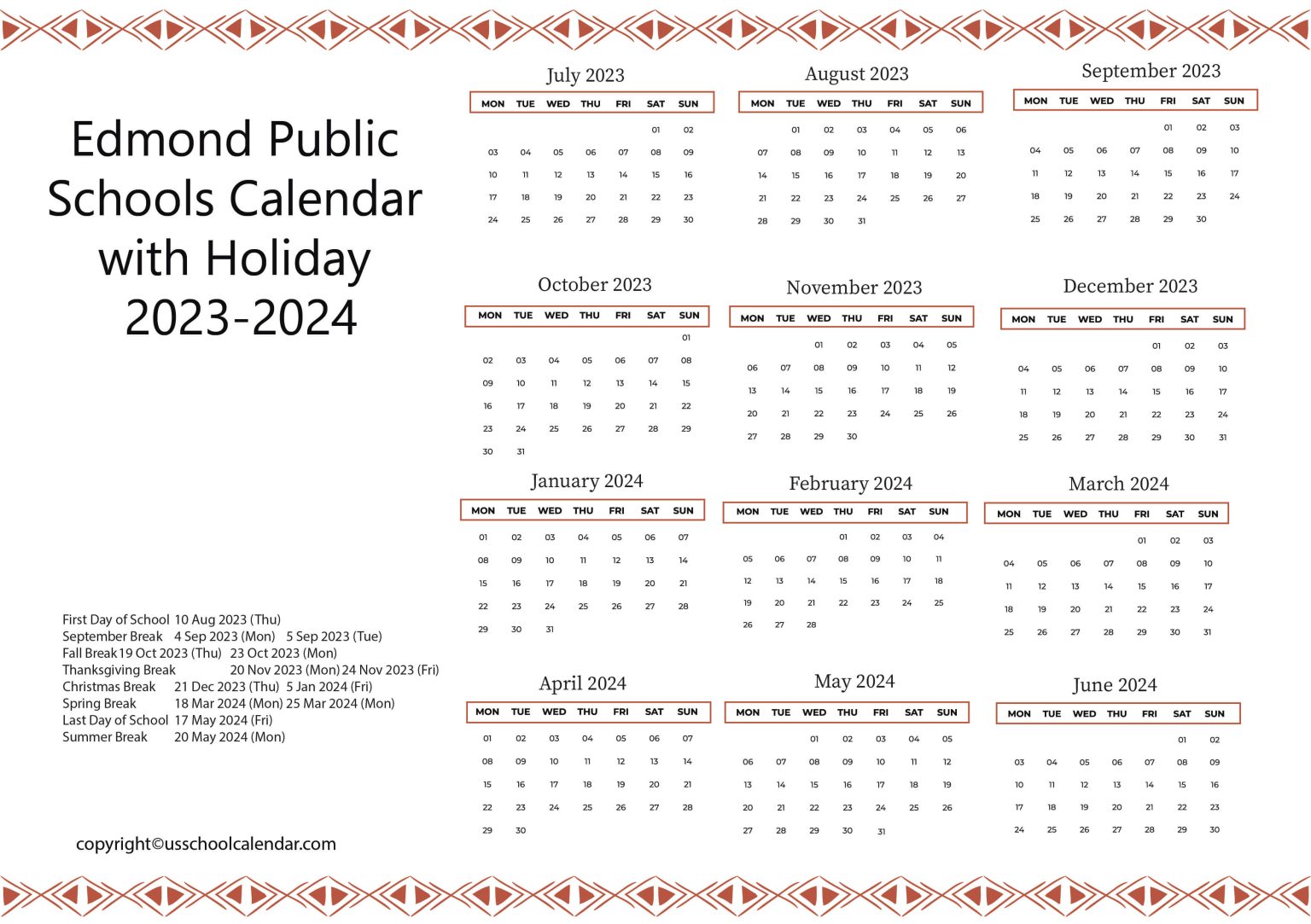 Edmond Public Schools Calendar with Holiday 20232024