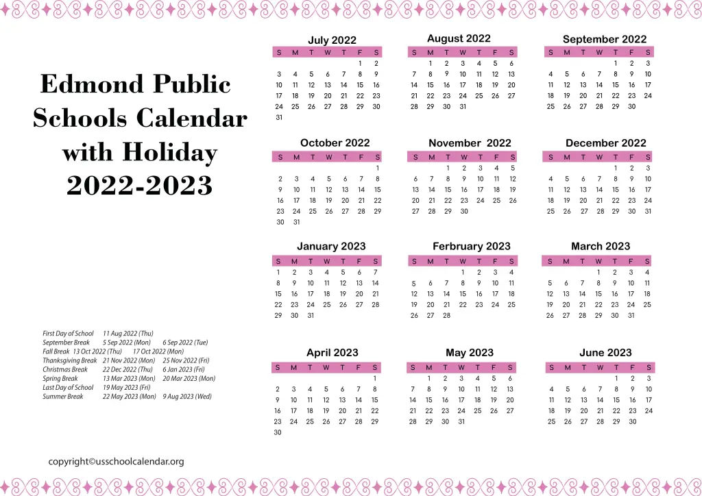 Edmond Public Schools Calendar with Holiday 2022-2023
