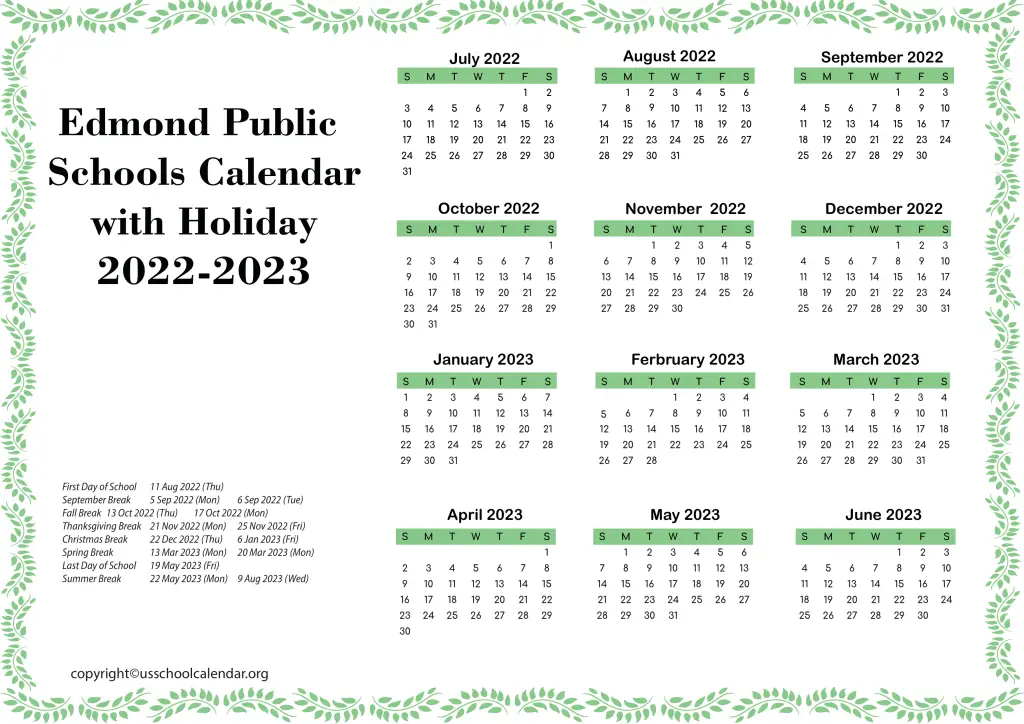 Edmond Public Schools Calendar with Holiday 2022-2023 2