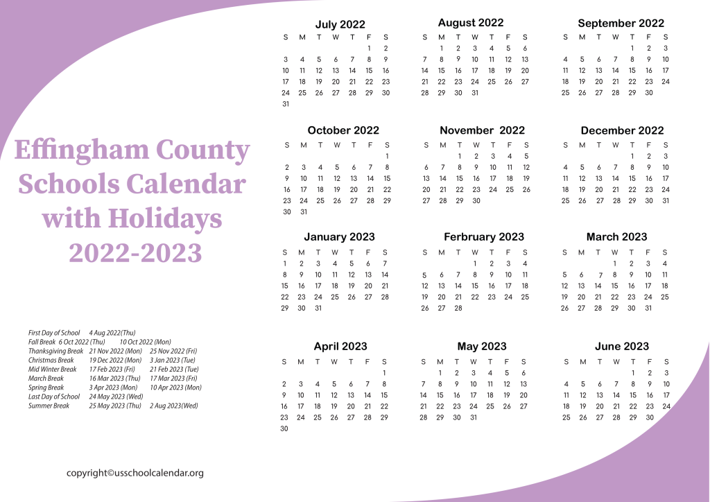 Effingham County Schools Calendar with Holidays 2022-2023