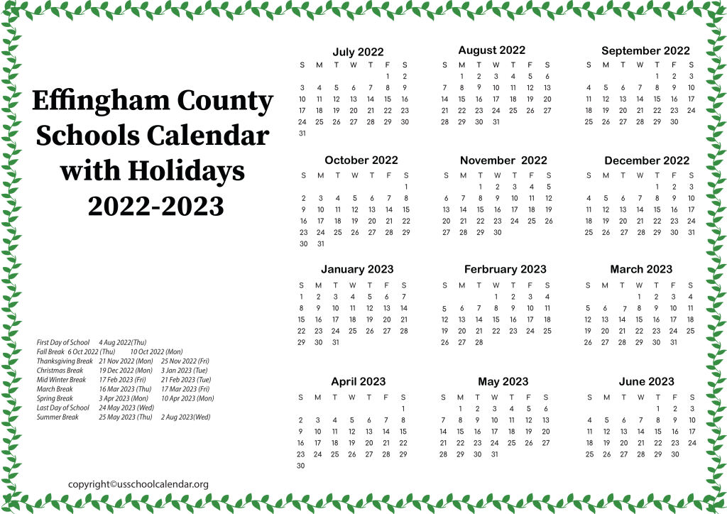 Effingham County Schools Calendar with Holidays 2022-2023 2