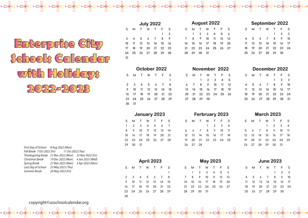 Enterprise City Schools Calendar with Holidays 2022-2023 2