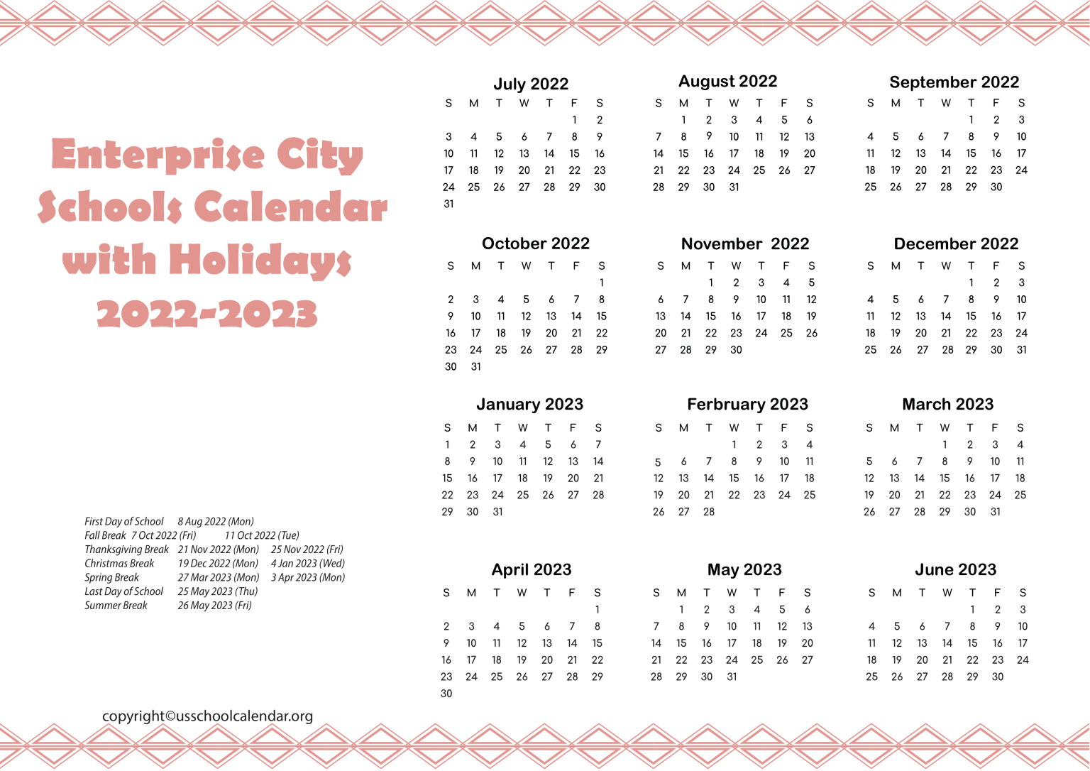 Enterprise City Schools Calendar with Holidays 20222023