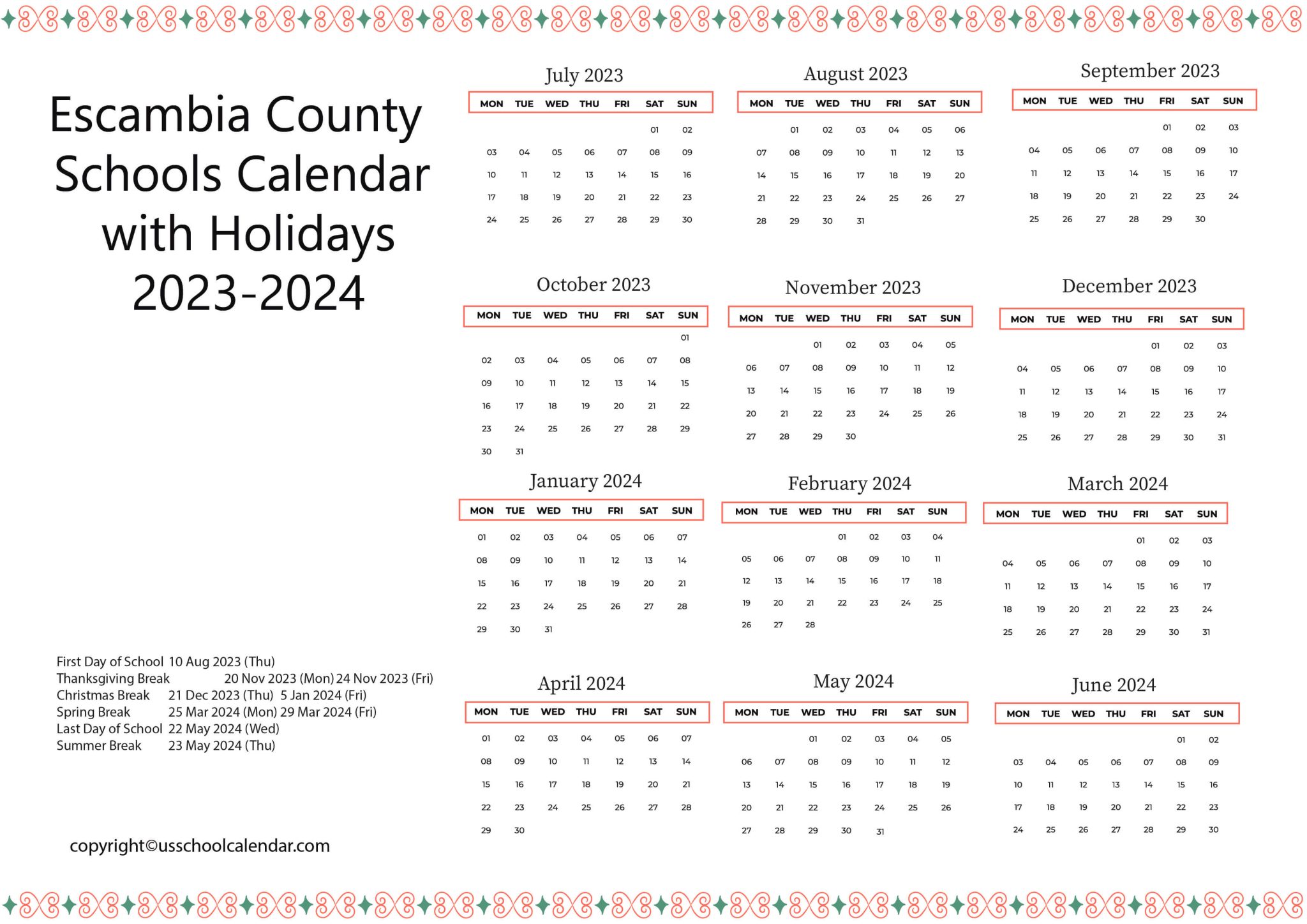 Escambia County Schools Calendar with Holidays 20232024