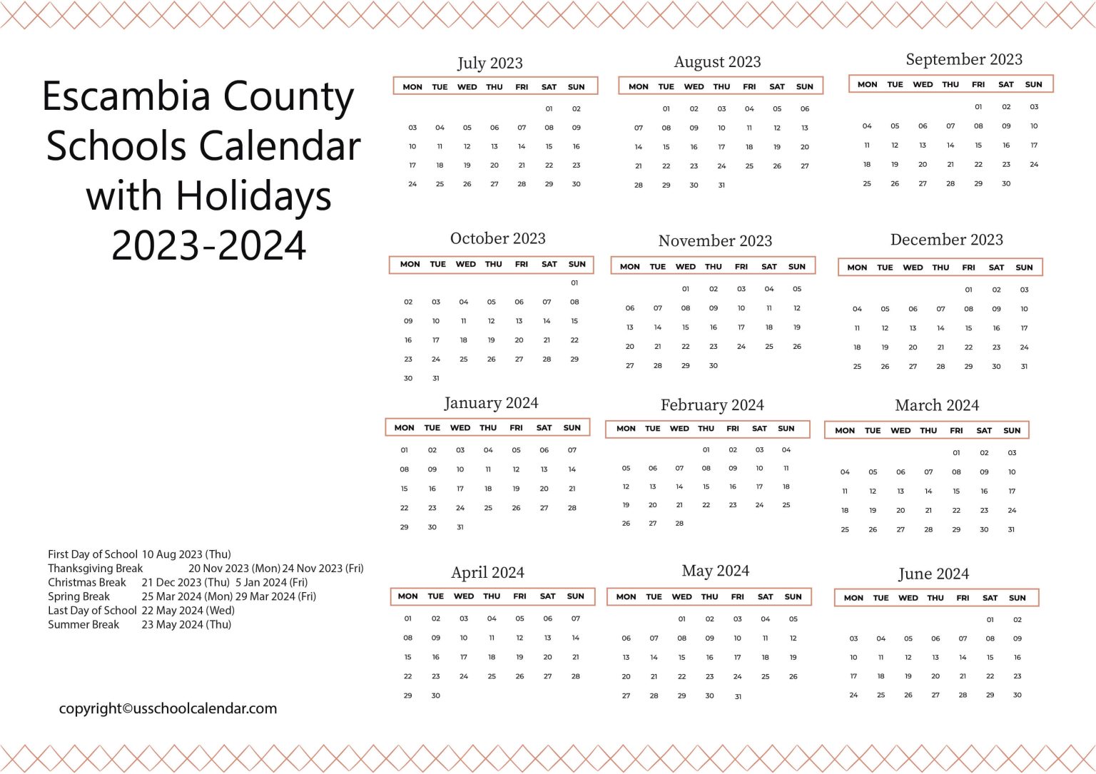 Escambia County Schools Calendar with Holidays 20232024