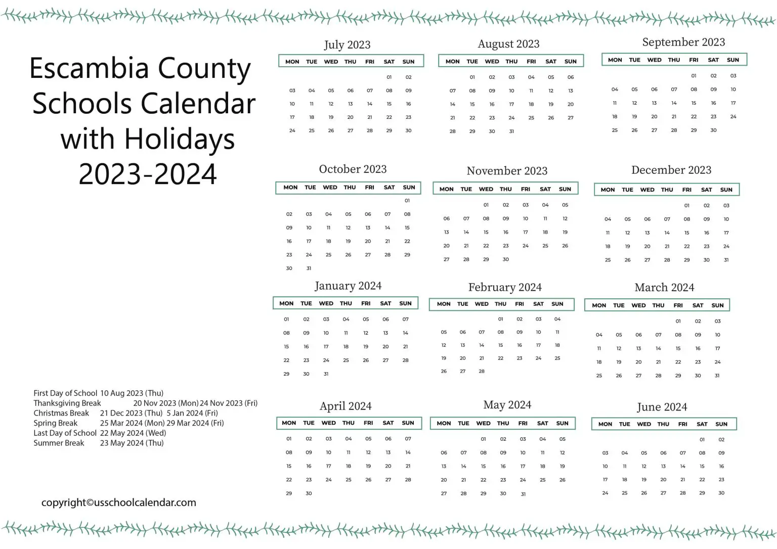 Escambia County School District Calendar US School Calendar
