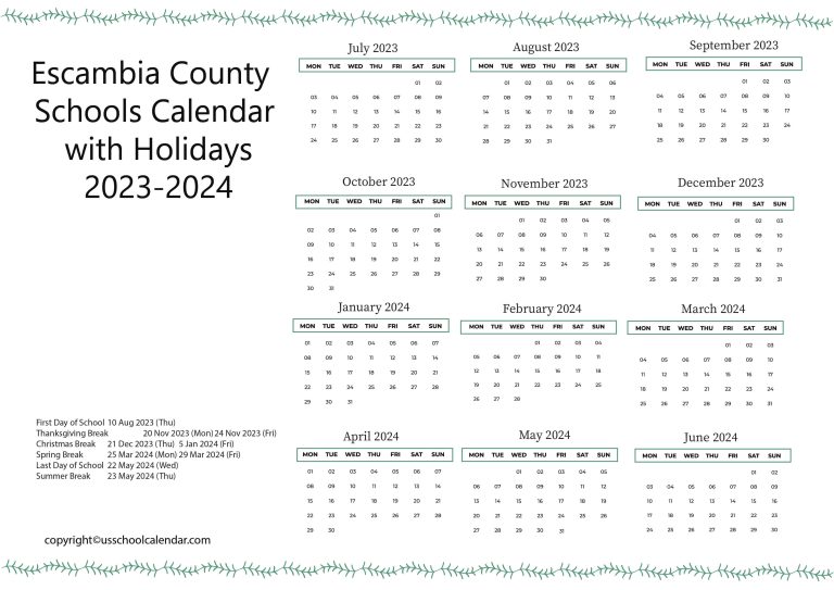Escambia County Schools Calendar with Holidays 20232024