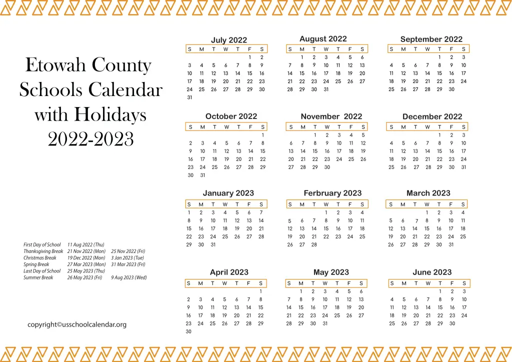 Etowah County Schools Calendar with Holidays 2022-2023 2