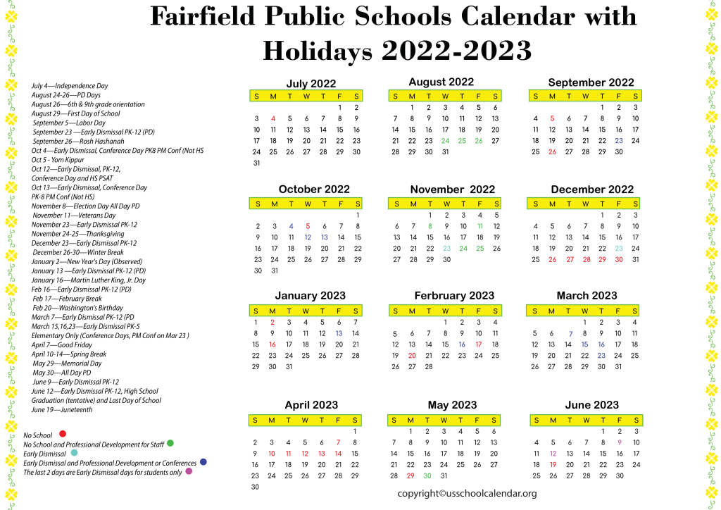 Fairfield Public Schools Calendar with Holidays 2022-2023 2