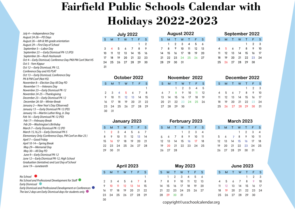 Fairfield Public Schools Calendar with Holidays 2022-2023 3
