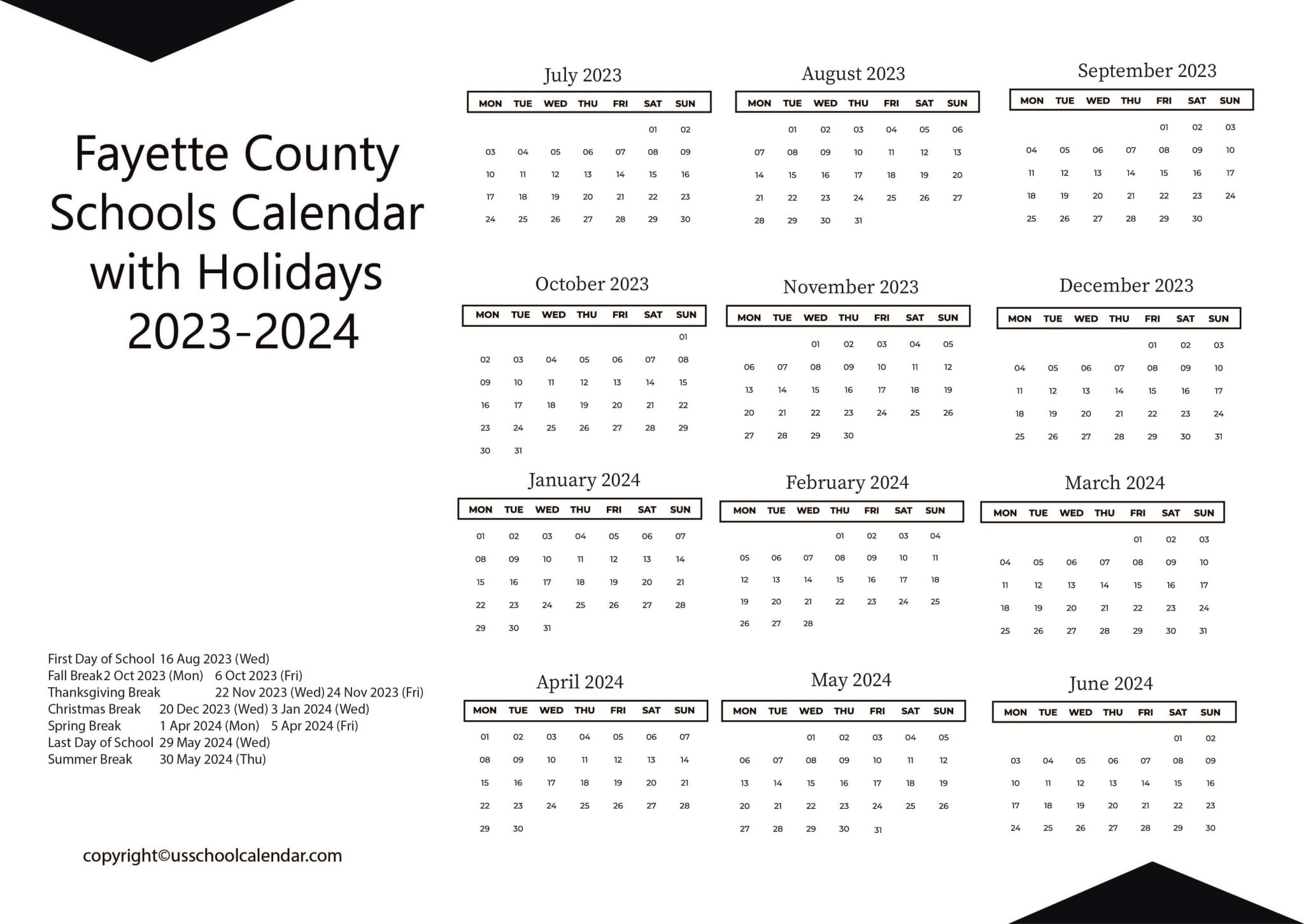 Fayette County Schools Calendar with Holidays 2023 2024