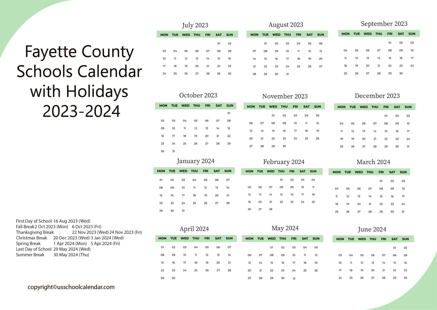Fayette County Schools Calendar with Holidays 20232024
