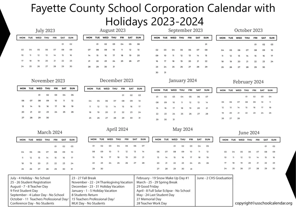 Fayette County School Corporation Calendar with Holidays 2023-2024