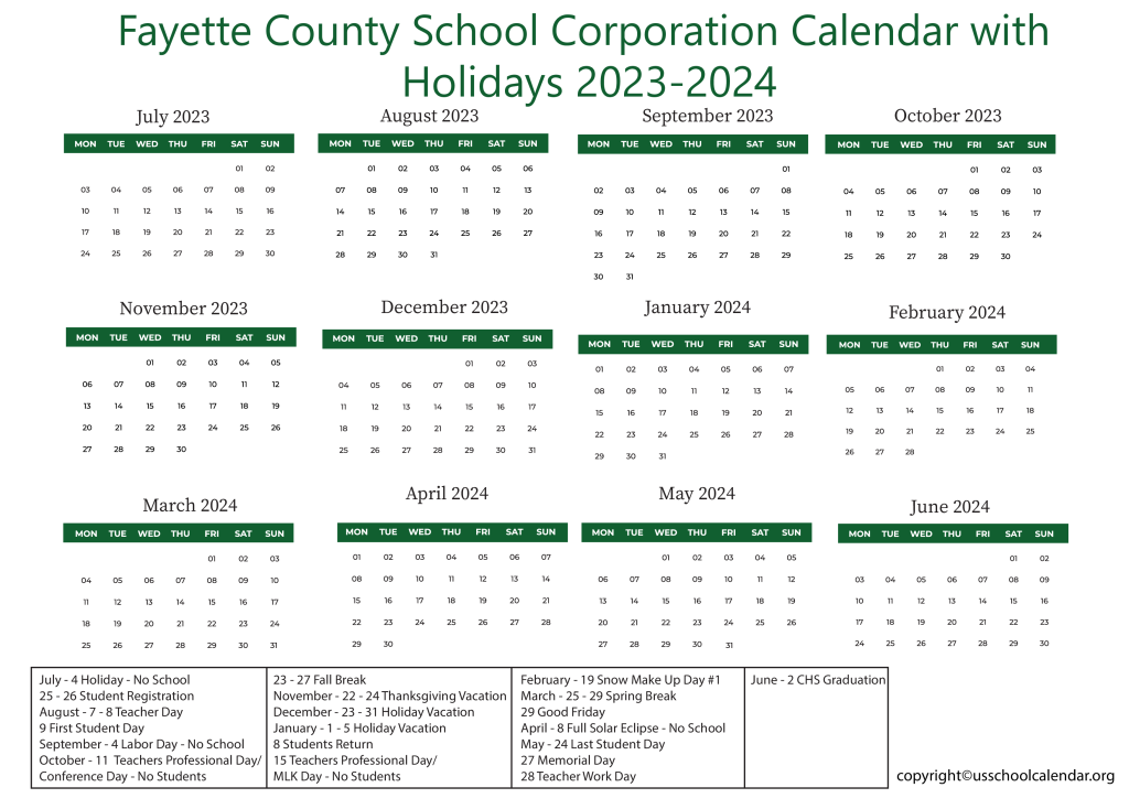 Fayette County School Corporation Calendar with Holidays 2023-2024 3