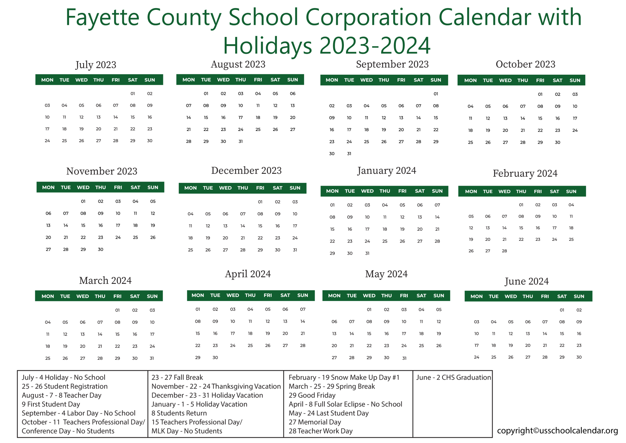 Fayette County School Corporation Calendar 2023 US School Calendar