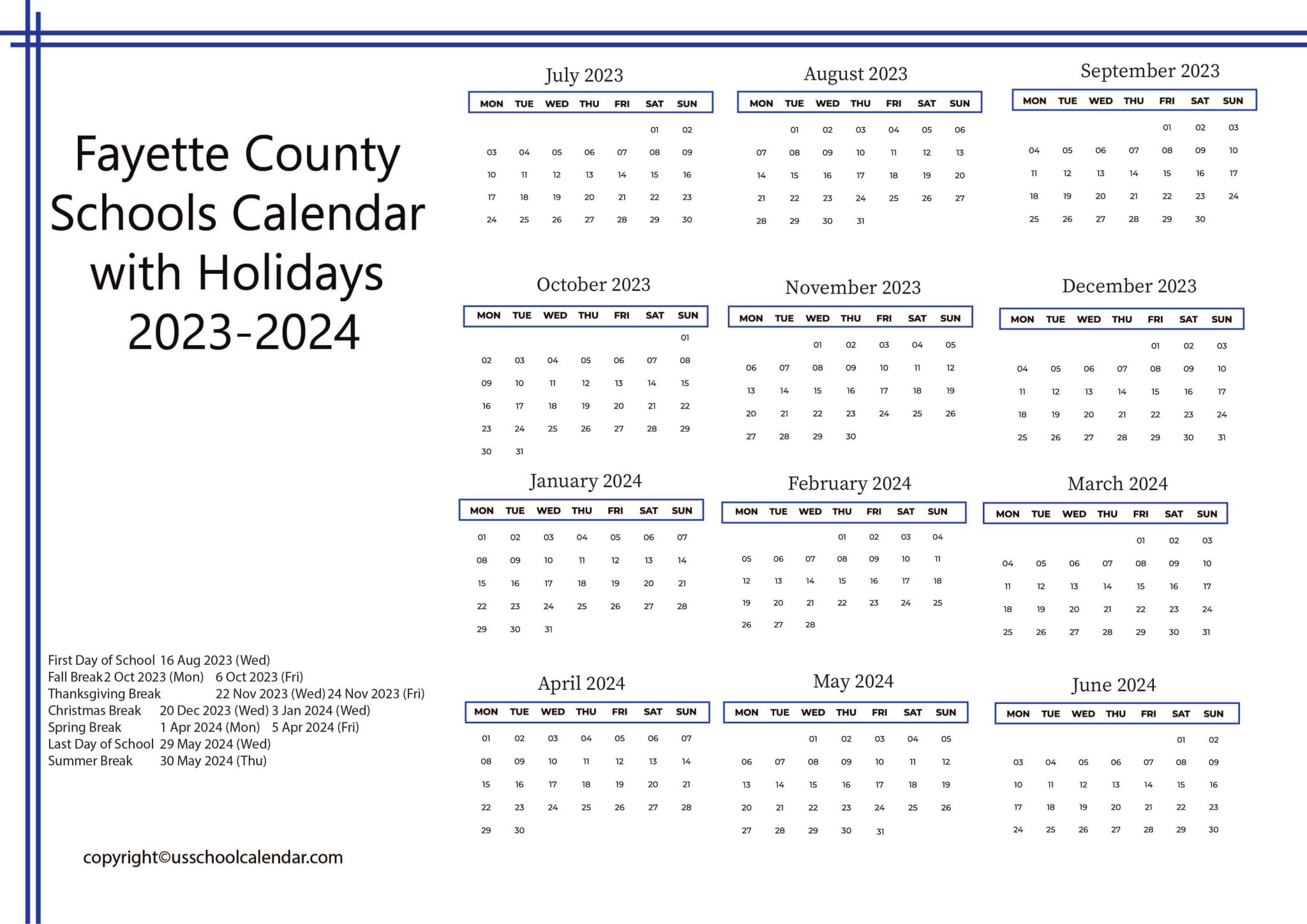 Fayette County Schools Calendar with Holidays 20232024