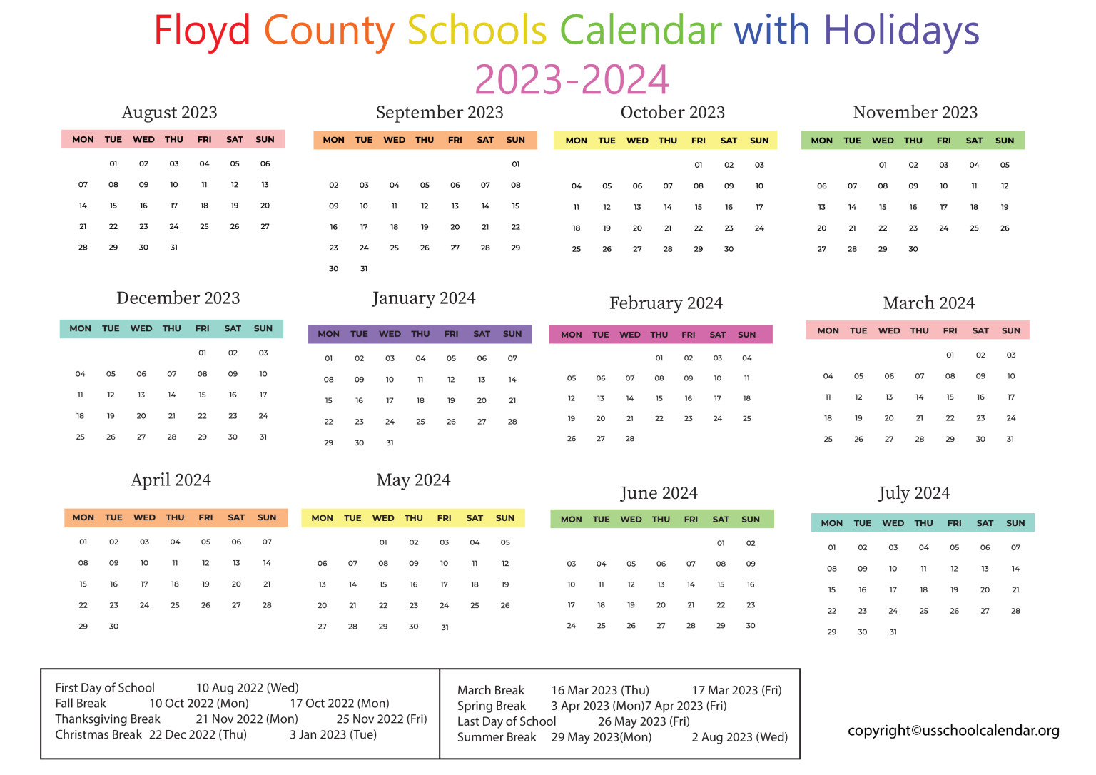 Floyd County Schools Calendar with Holidays 20232024