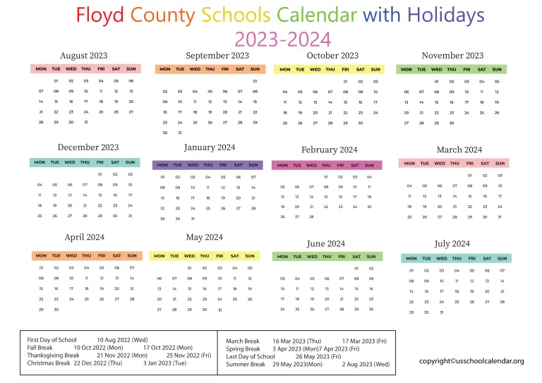 Floyd County Schools Calendar with Holidays 20232024