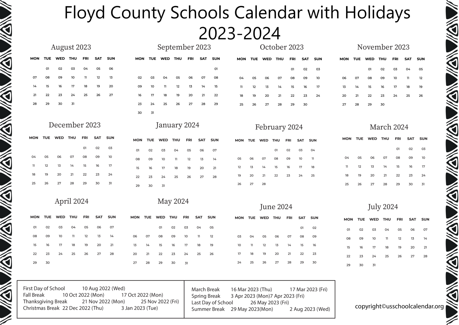 Floyd County Schools Calendar with Holidays 2023-2024