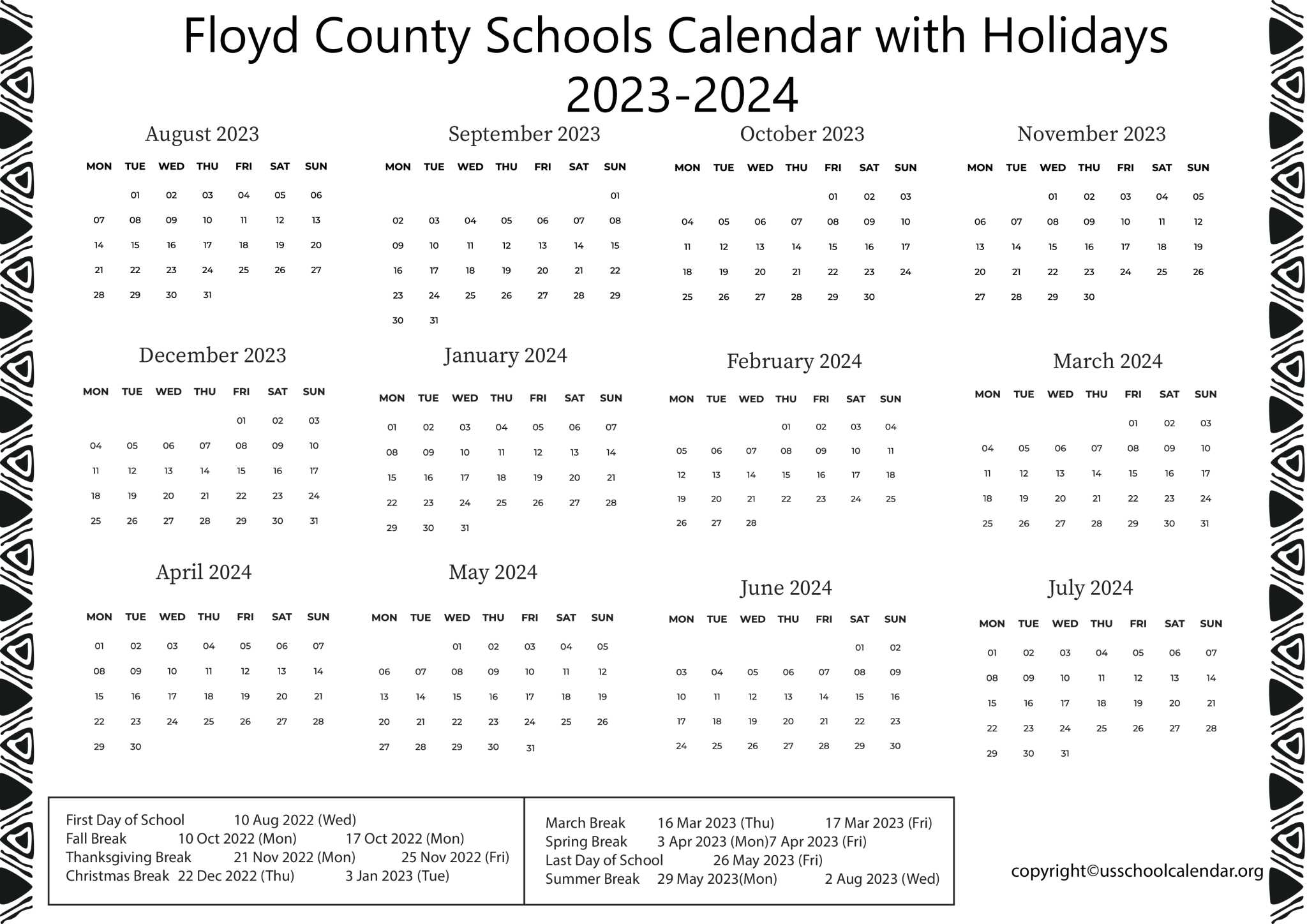 Floyd County Schools Calendar with Holidays 20232024