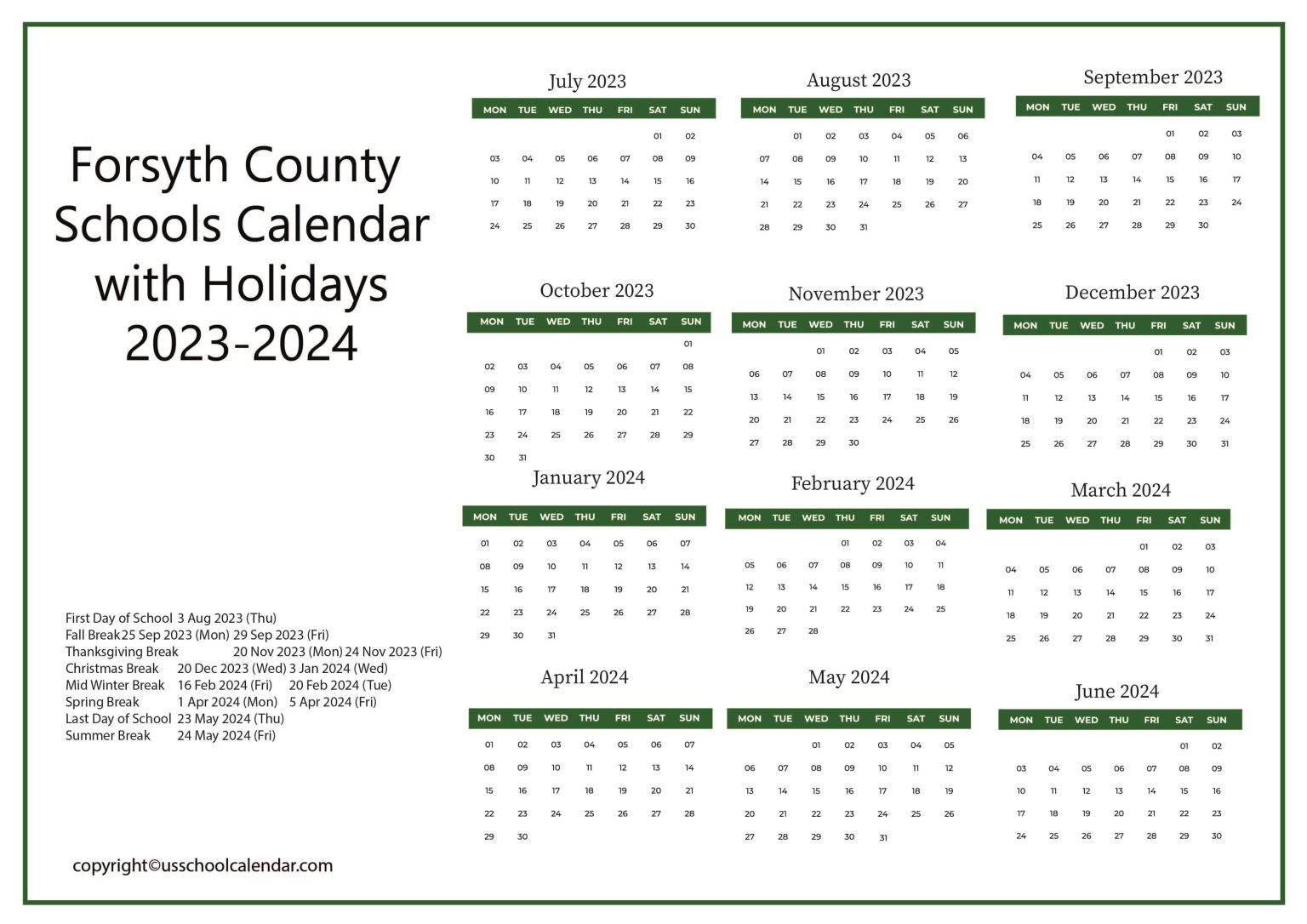Forsyth County Schools Calendar with Holidays 20232024