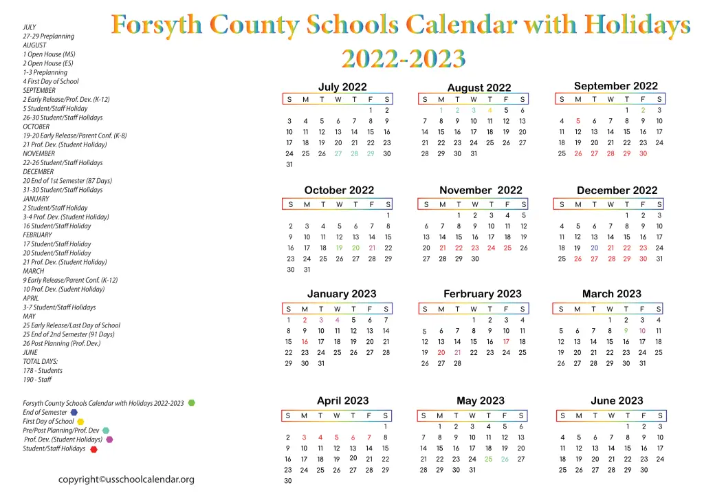 Forsyth County Schools Calendar with Holidays 2022-2023