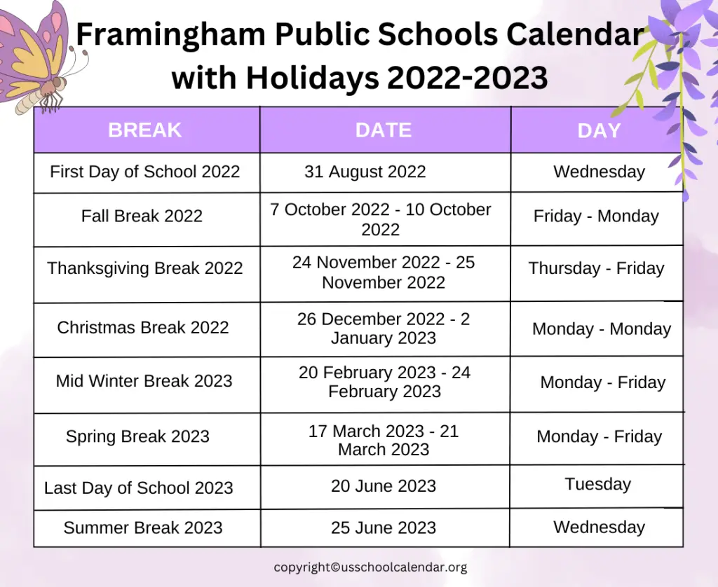 Framingham Public Schools Calendar with Holidays 2022-2023