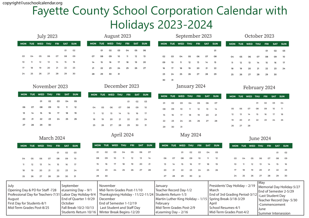 Franklin Township Community School Corporation Calendar 2023-2024