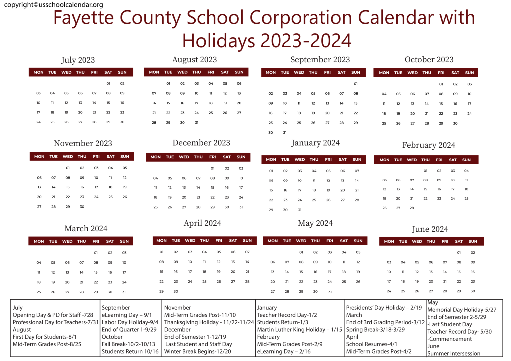 Franklin Township Community School Corporation Calendar 2023-2024 2