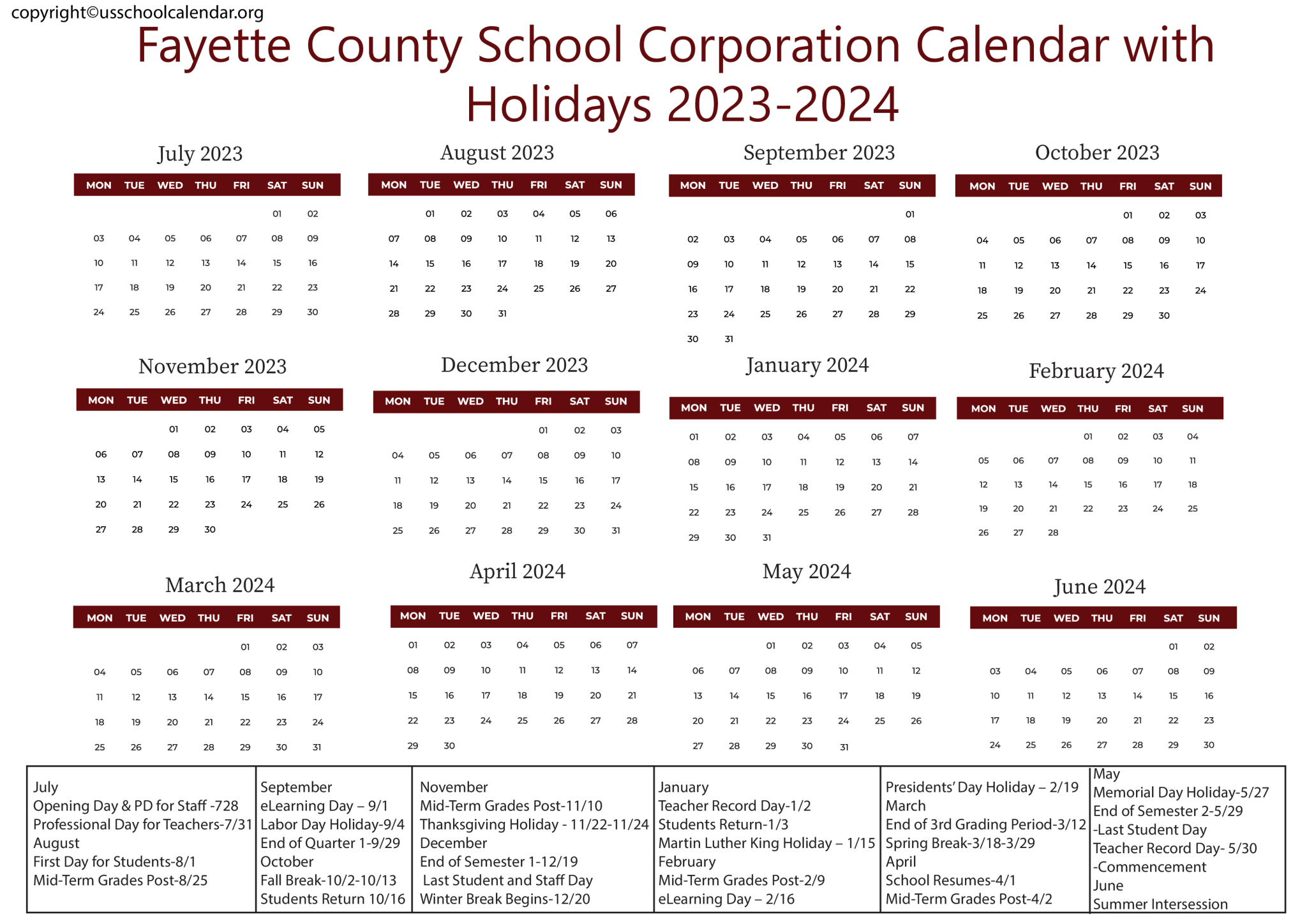 Franklin Township Community School Corporation Calendar 2024 US