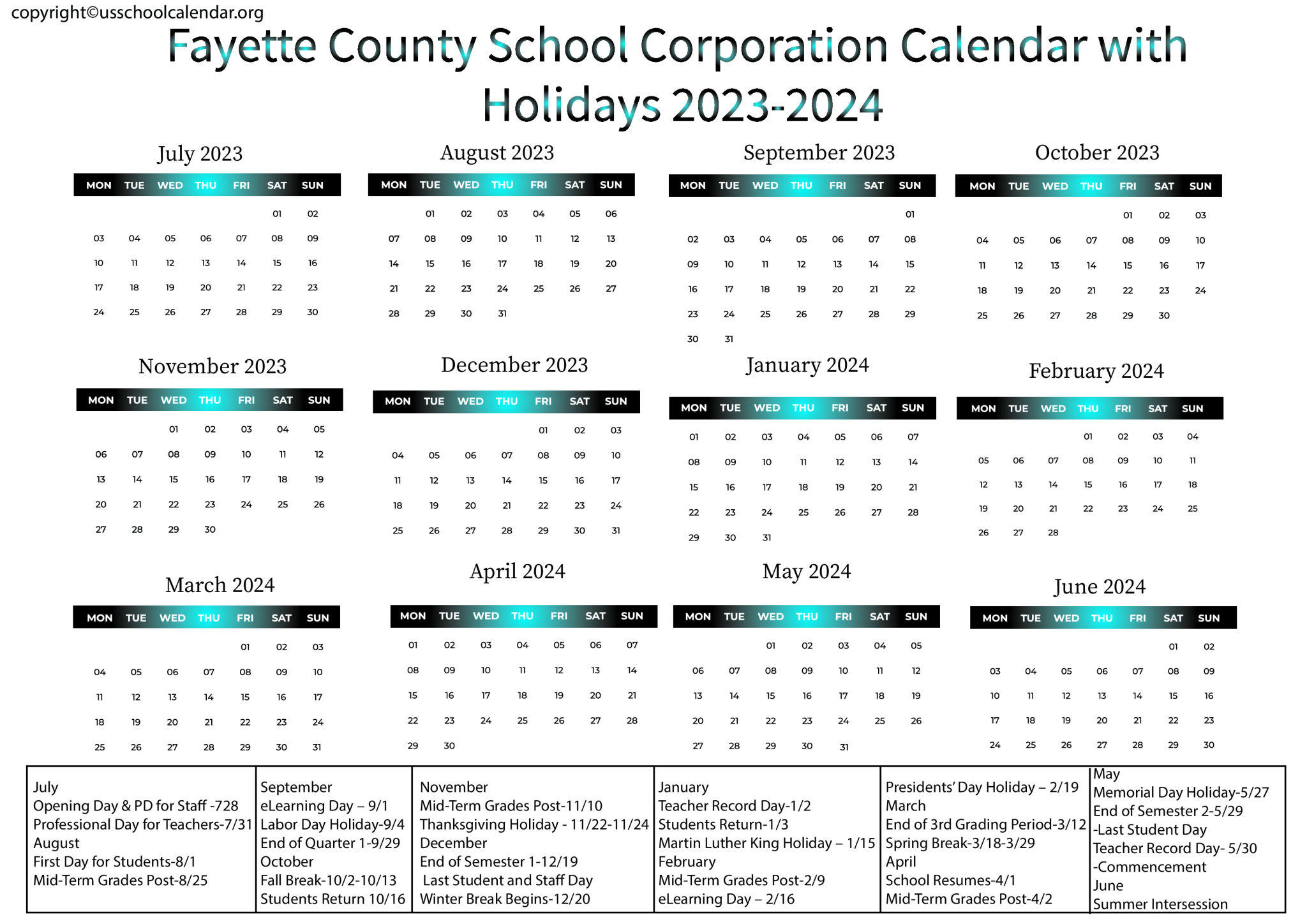 Franklin Township Community School Corporation Calendar 2024 US