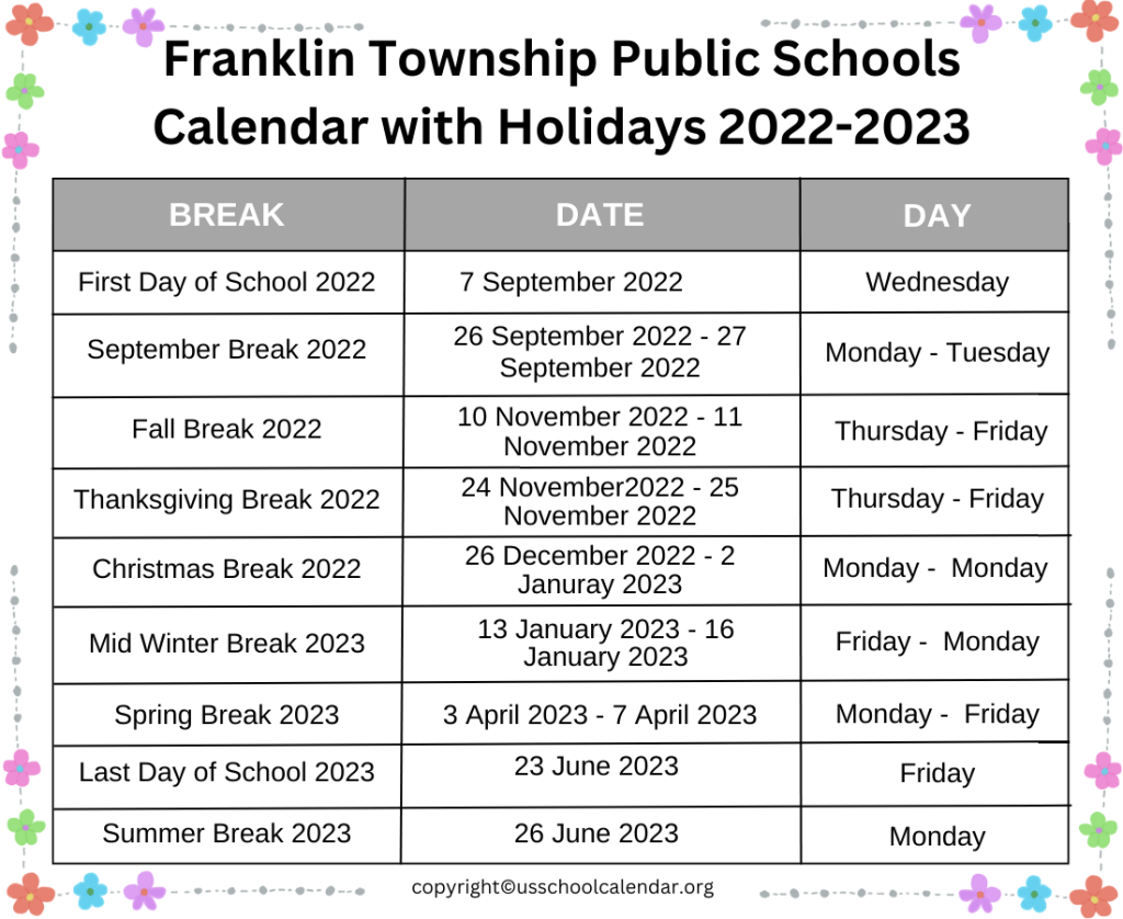 Franklin Township Public Schools Calendar with Holidays 2022-2023