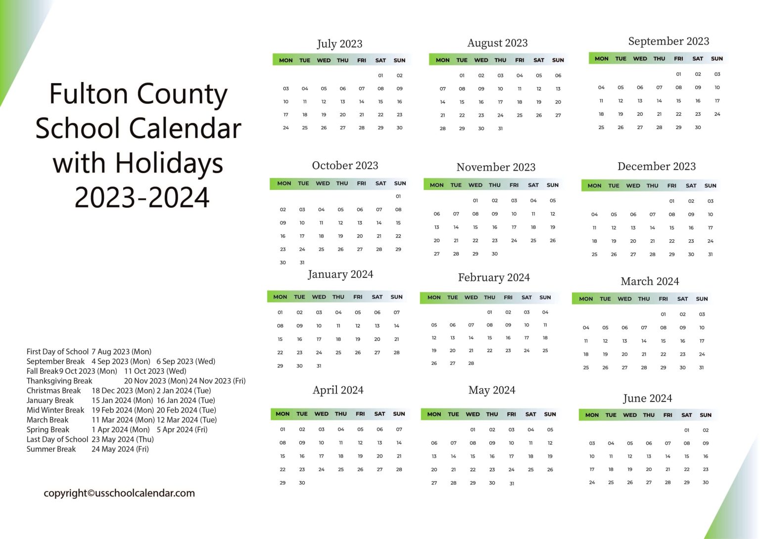 Fulton County School Calendar with Holidays 20232024