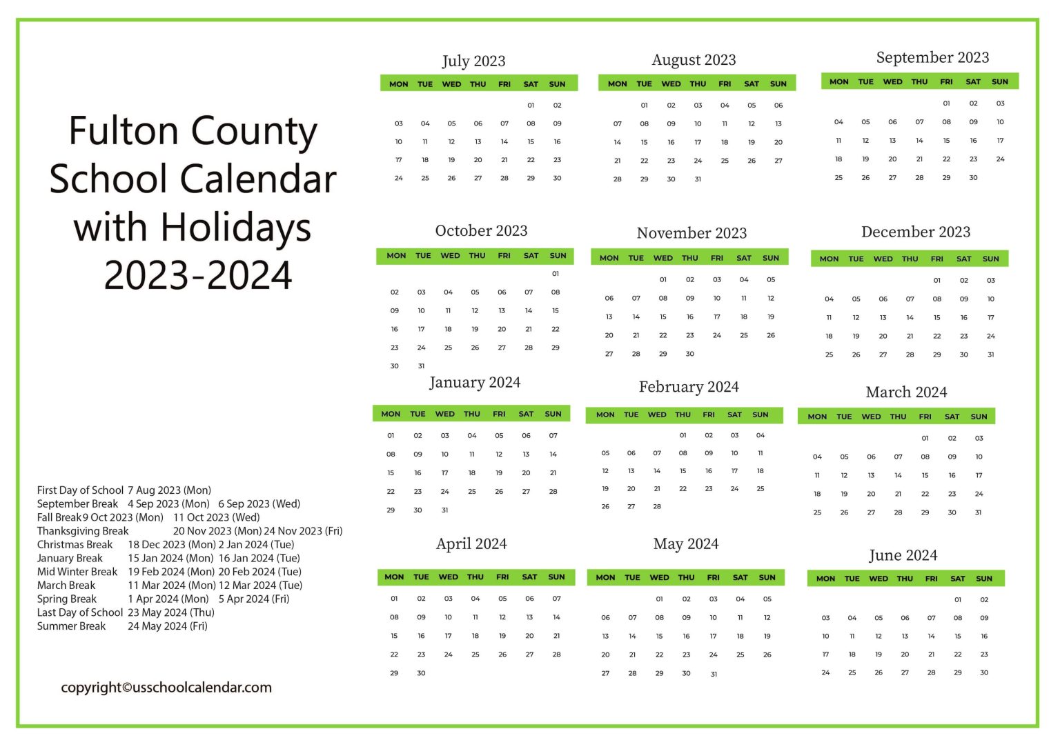 Fulton County School Calendar with Holidays 2023-2024